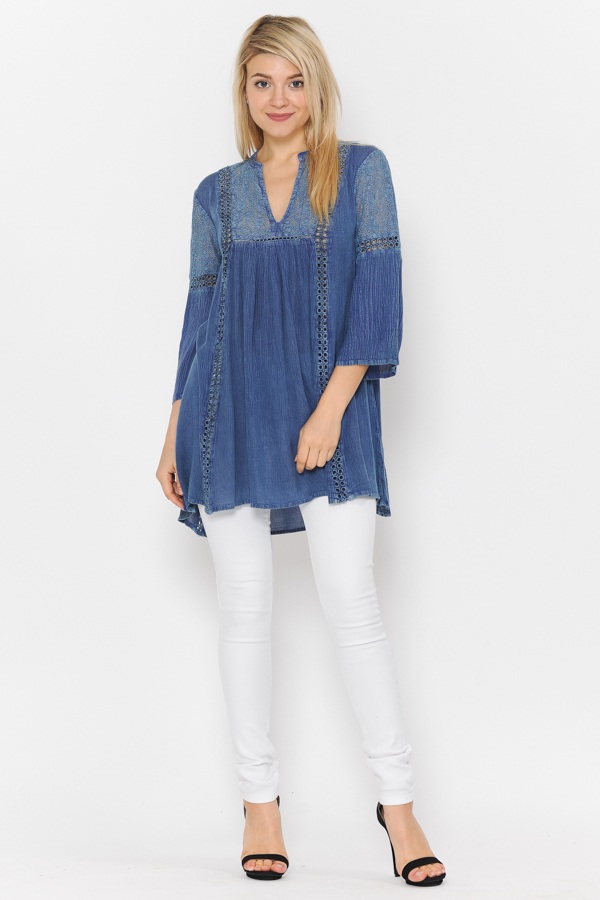 Tunic 3/4 Sleeves Crochet & lace Work Blue